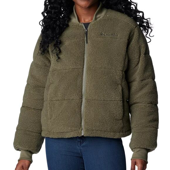 Columbia Women Puffect Novelty Bomber Jacket Size US M Stone Green Fleece - Picture 1 of 5